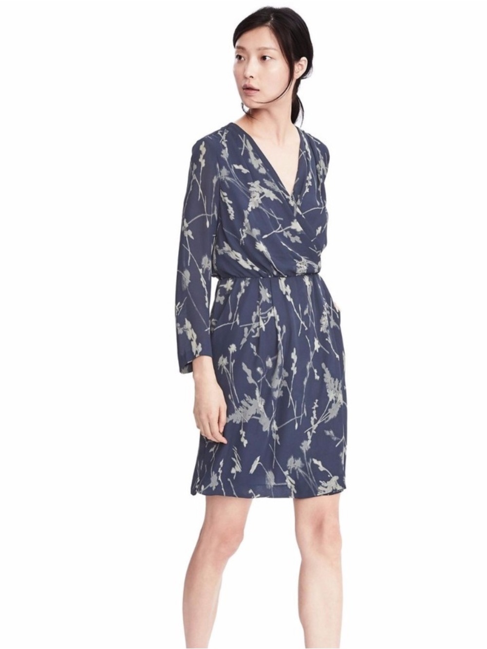 Banana Republic long sleeve faux wrap dress 10 blue gray NWT